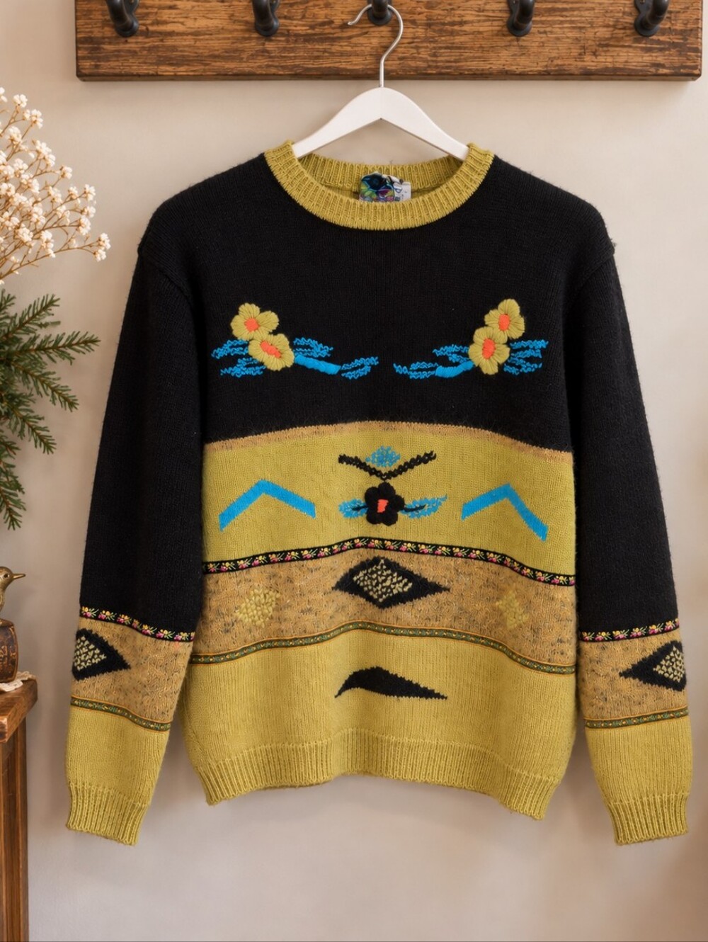 Vintage Sampa Mustard And Black  Wool Mohair Sweater Size 4 - 22” PTP 24” Length